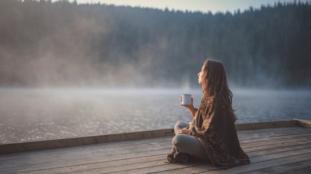 woman, morning, lake