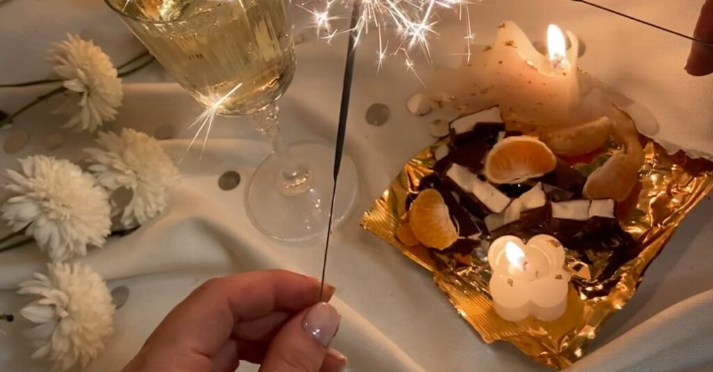 From above of unrecognizable female with burning Bengal light standing near flowers wineglass and food on tray on white fabric in room with burning candles